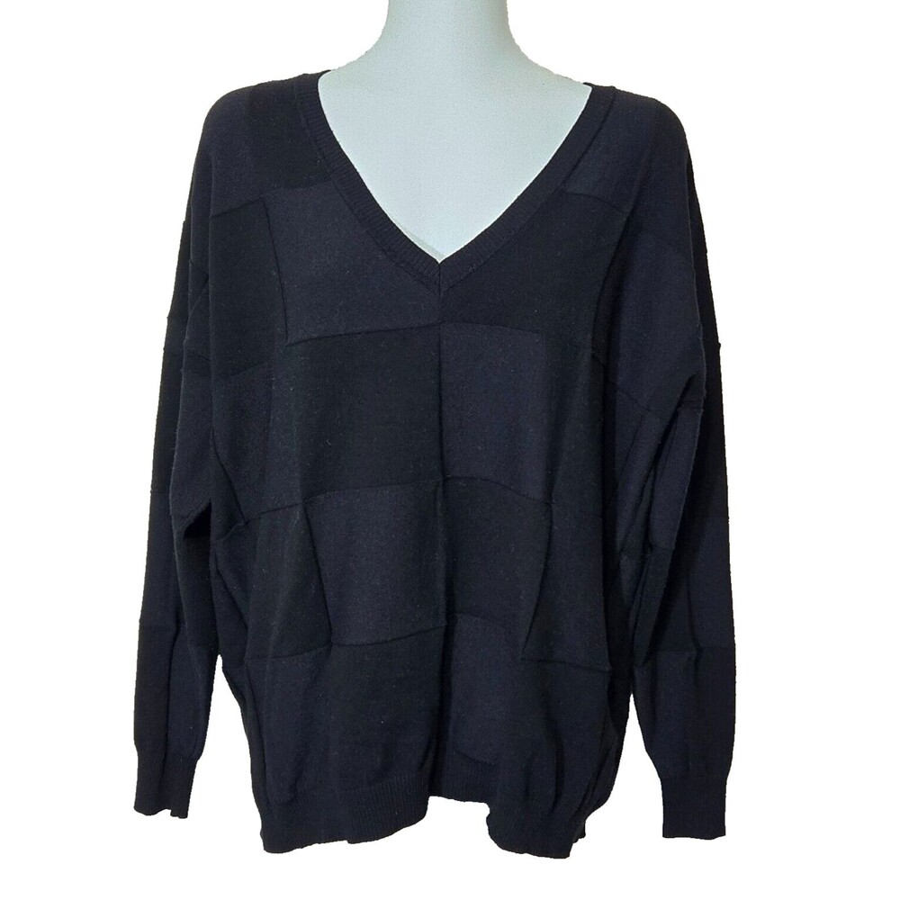 Elliott Lauren Sweater Womens Large Black Patchwork V Neck Pullover